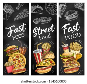 Fast food menu blackboard with meal and drink chalk sketches. Vector hamburger, pizza and hot dog, french fries, soda and chicken leg, cheeseburger and mexican taco chalkboard banners design