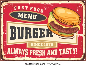 Fast food menu board with tasty burger illustration on red background. Vintage food vector graphic. Fast food burger sign template. 