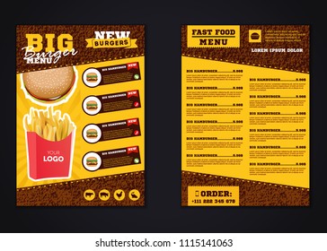 Plantilla vectorial de diseño de menú rápido en tamaño A4. volante, baner y diseño de diseño. el concepto de comida.