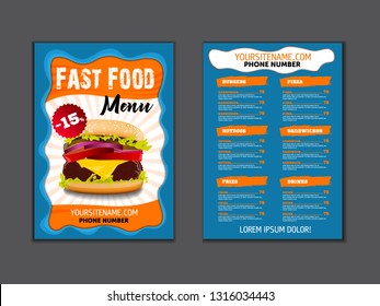 Fast food menu brochure design on a light background vector template in A4 size. flyer, baner and Layout Design. food concept.