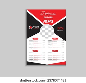 Fast food menu brochure design vector template in A4 size. flyer, baner and Layout Design. food concept.