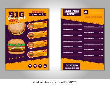 Fast food menu brochure design vector template in A4 size. flyer, baner and Layout Design. food concept.