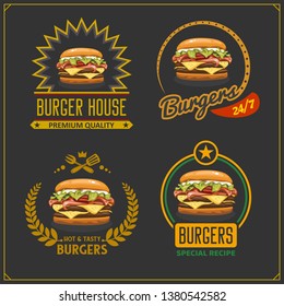 Fast food menu. Burger emblems, labels and design elements. Burger house logo design template.