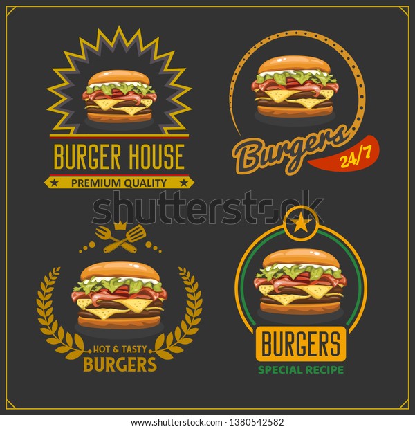 Fast Food Menu Burger Emblems Labels Stock Vector (Royalty Free) 1380542582