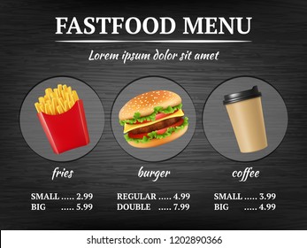 Fast food menu. Burger fries delicious restaurant collection vector design template. Illustration of hamburger and fries, coffee hot drink