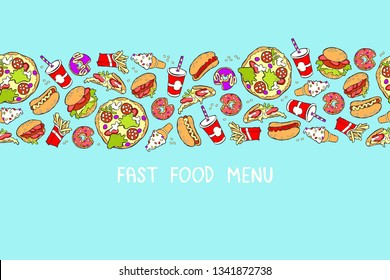 Fast food menu. Burger, pizza, milkshake, donuts. Border. Seamless pattern (print).