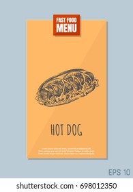 Fast food menu card concept. Hot dog sketch. Retro style. Vector illustration.