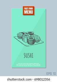 Fast food menu card concept. Sushi sketch. Retro style. Vector illustration.