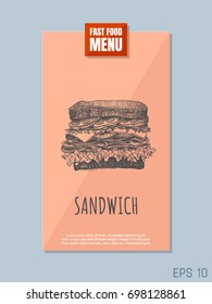 Fast food menu card concept. Sandwich sketch. Retro style. Vector illustration.