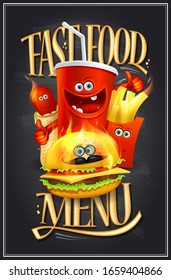 Fast food menu chalkboard design with hot dog, burger, french fries and drink as a cartoon personages