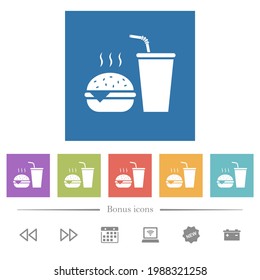 Fast food menu with cheeseburger and drink flat white icons in square backgrounds. 6 bonus icons included.