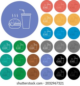 Fast food menu with cheeseburger and drink outline multi colored flat icons on round backgrounds. Included white, light and dark icon variations for hover and active status effects, and bonus shades.