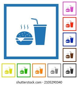 Fast food menu with cheeseburger and drink solid flat color icons in square frames on white background