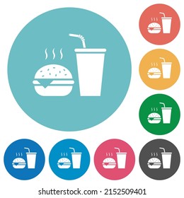 Fast food menu with cheeseburger and drink solid flat white icons on round color backgrounds