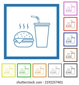 Fast-Food-Menü mit Käsebecher und Getränk Rahmenfarbikonen in quadratischen Rahmen auf weißem Hintergrund