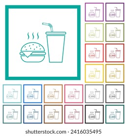 Fast food menu with cheeseburger and drink outline flat color icons with quadrant frames on white background