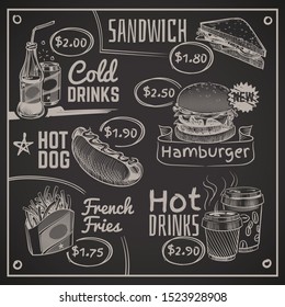 Fast food menu. Coffee, burger and hotdog, donut and fries, ice cream and cola, sandwich. Chalk drawing restaurant vector writing chalkboard typography design illustration