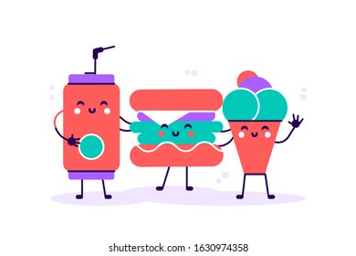Fast food menu. Cola, hamburger, french fries and ice-cream. Easy to edit. Flat style modern design vector illustration use for web page, card, poster, banner, web design and print on t-shirt. 