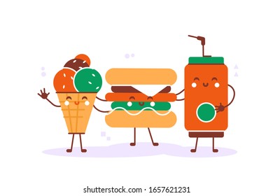 Fast food menu. Cola, hamburger, french fries and ice-cream. Easy to edit. Flat style modern design vector illustration use for web page, card, poster, banner, web design and print on t-shirt. 