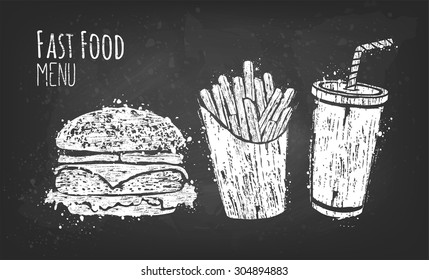 Fast food menu. Cola, hamburger and French fries. Vector Illustration. You can use in the menu, in the shop, in the bar, the card or stickers. Easy to edit.
