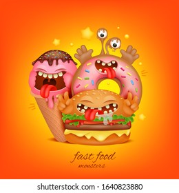 Fast food menu concept. Burger, ice cream, donut cartoon monster characters. Vector illustration