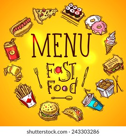 Fast food menu concept with colored sketch soda sandwich and chicken decorative icons vector illustration
