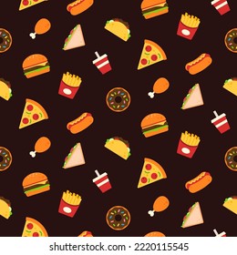 Fast Food Menu Concept Seamless Pattern. Hamburger, Fried Chicken, Hot Dog, Soft Drink, Pizza, Taco, Sandwich, Donut, And French Fries. Flat Icon Background. Cartoon Vector Illustration Backdrop.