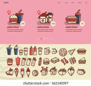 Fast food menu concept Web site design, icon set. Vector