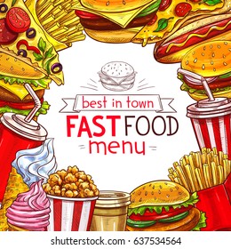 Fast food menu cover for fastfood restaurant. Design of burgers, drinks, sandwiches or combo menu and desserts. Chicken grill legs and wings, ice cream, cheeseburger or hamburger, hot dog and popcorn