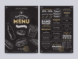 Fast Food Menu Cover Layout With Breakfast, Drinks, And Other Menu Items On Chalkboard. Fast Food Menu Design And Fast Food Hand Drawn Vector Illustration. Restaurant Menu Template With Food Sketch.