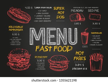 Fast food menu cover layout with breakfast, drinks, and other menu items on chalkboard. Fast food menu design and fast food hand drawn vector illustration. Restaurant menu template with burger sketch