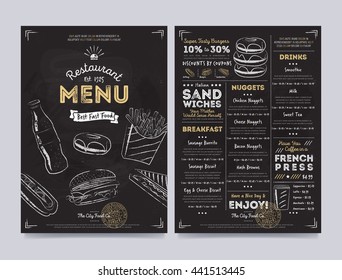 Fast food menu cover layout with breakfast, drinks, and other menu items on chalkboard. Fast food menu design and fast food hand drawn vector illustration. Restaurant menu template with food sketch.