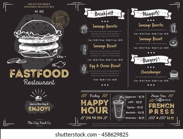 Fast food menu cover layout with breakfast, drinks, and other menu items on chalkboard. Fast food menu design and fast food hand drawn vector illustration. Restaurant menu template with burger sketch.