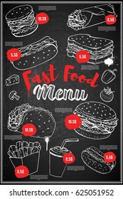 Fast food menu cover layout. Menu chalkboard with hand drawn illustrations of burger, hot dog, taco, burrito.
