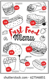 Fast food menu cover layout with hand drawn illustrations of burger, hot dog, taco, burrito, soda. 