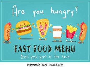 Fast food menu design. Cute fast food characters on blue background. Vector illustration.