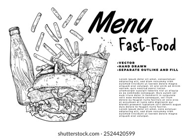 Diseño de menú de comida rápida con comida chatarra de Vector dibujada a mano. El contorno y el relleno se agrupan por separado. Vista lateral de la botella de refresco, patatas fritas, vidrio de refresco, hamburguesa con texto en el lado sobre fondo blanco.