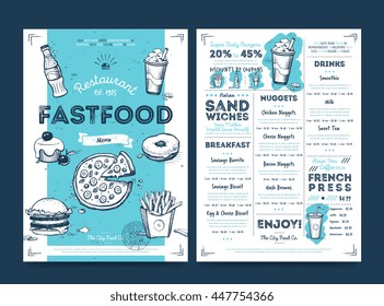 Fast food menu design and fast food hand drawn vector illustration. Cover of fast food menu or restaurant menu template