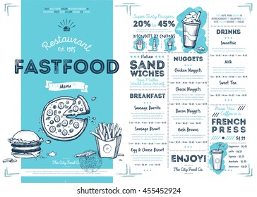 Fast food menu design and fast food hand drawn vector illustration. Restaurant or cafe  menu template with burger sketch. Fast food menu cover layout with breakfast, drinks, sweet and other menu items