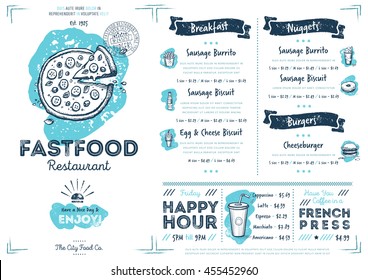 Fast food menu design and fast food hand drawn vector illustration. Restaurant or cafe  menu template with burger sketch. Fast food menu cover layout with breakfast, drinks, sweet and other menu items