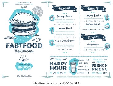 Fast food menu design and fast food hand drawn vector illustration. Restaurant or cafe  menu template with burger sketch. Fast food menu cover layout with breakfast, drinks, sweet and other menu items