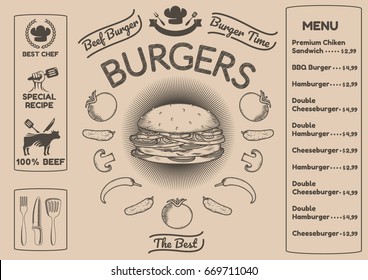 Fast food menu design and fast food hand drawn vector illustration. Restaurant or cafe menu template with burger sketch. Design vector template with hand-drawn graphic elements in doodle style