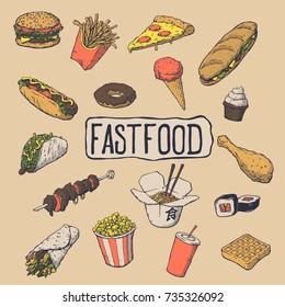 Fast food menu design. Hand drawn sketch vector illustration.