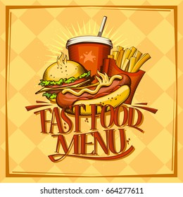 Fast food menu design list with hot dog, hamburger, french fries and drink