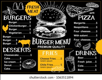 Fast food menu design on dark chalkboard with lettering and doodle style sketches. Vector creative junk kitchen illustration.