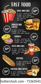 Fast food menu design on chalkboard with burger, drink, dessert. Hamburger, hot dog, fries, pizza, donut, coffee and cheeseburger takeaway meal sketch on blackboard with price list text layout