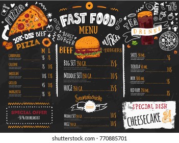 Fast food menu design on dark chalkboard with lettering and doodle style sketches. Vector creative junk kitchen illustration.