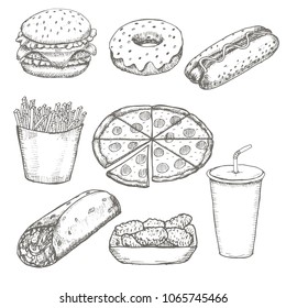 Fast food menu design set hand drawn vector. Illustration