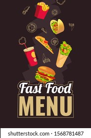 Fast food menu design template with Burger, Tacos, Kebab, Slice of pizza, French fries and Soda drink on the dark background. Vector illustration for cafe and restaurant menu, poster, banner, flyer.