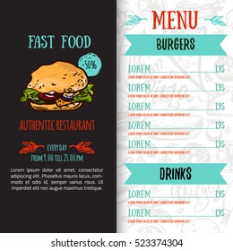 Fast food menu design template with hand-drawn vector illustration. Cover of restaurant menu with burger, pizza, hot dog with seamless pattern.